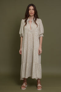 Henley style puff sleeve floral midi dress, in creme floral.
