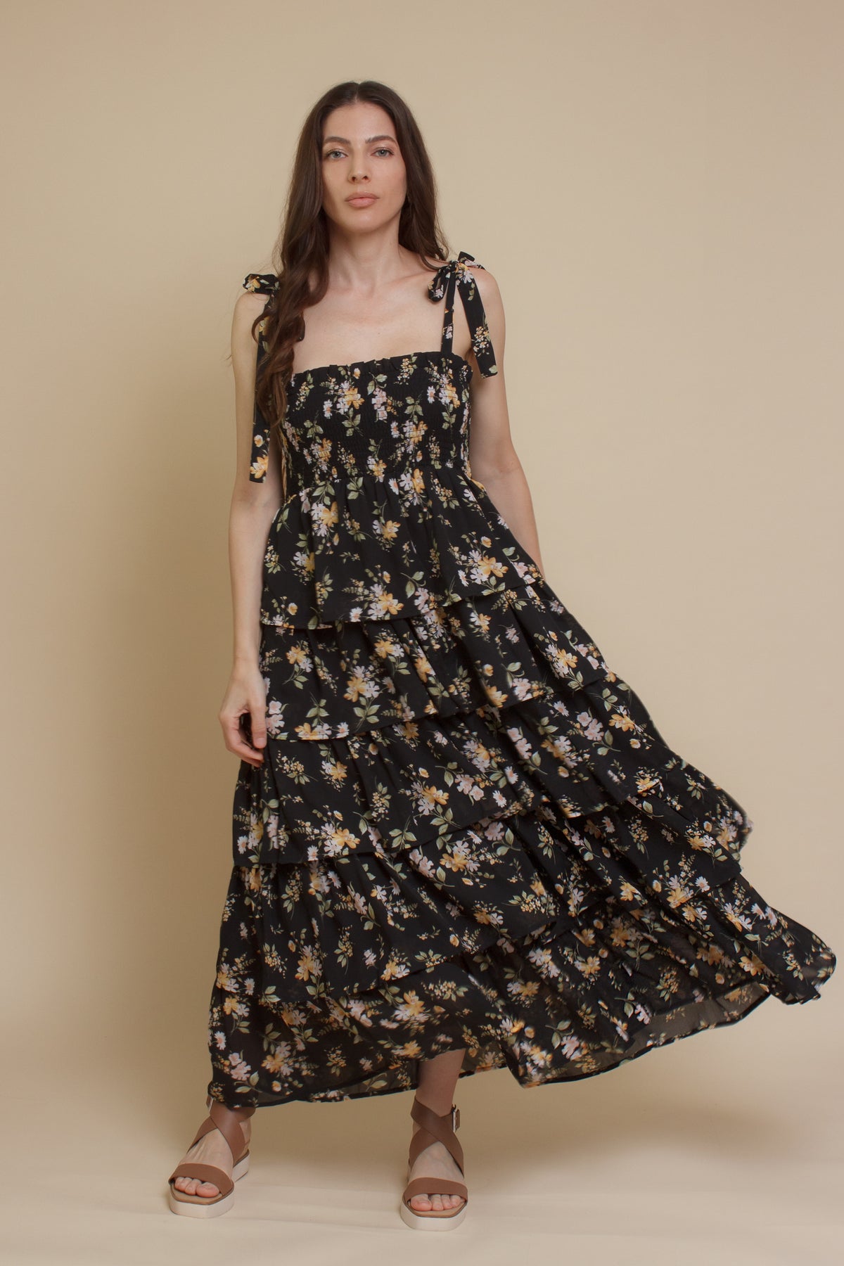 Crescent: Hayden Multi Tiered Dress, in black.