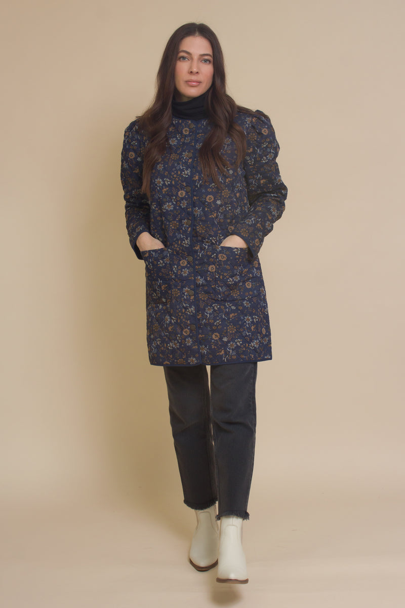 Current Air floral quilted coat, in navy.