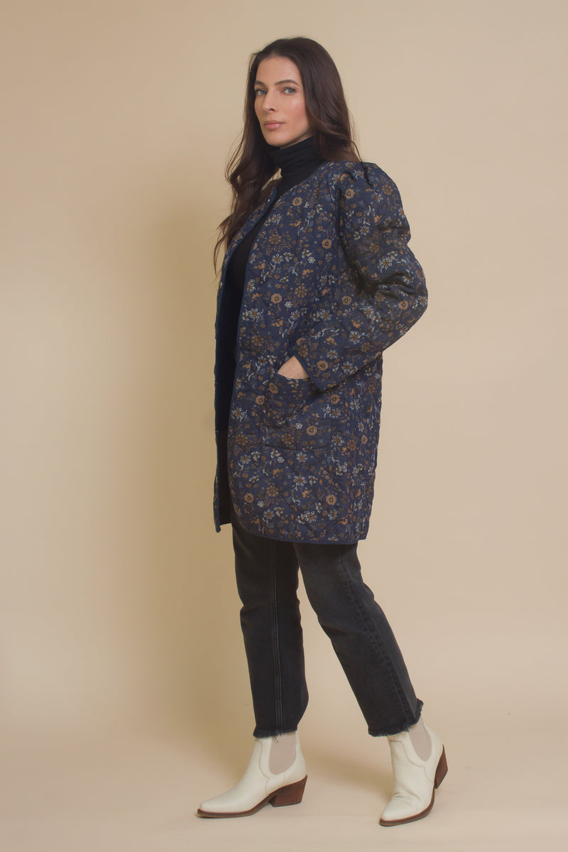 Current Air floral quilted coat, in navy.
