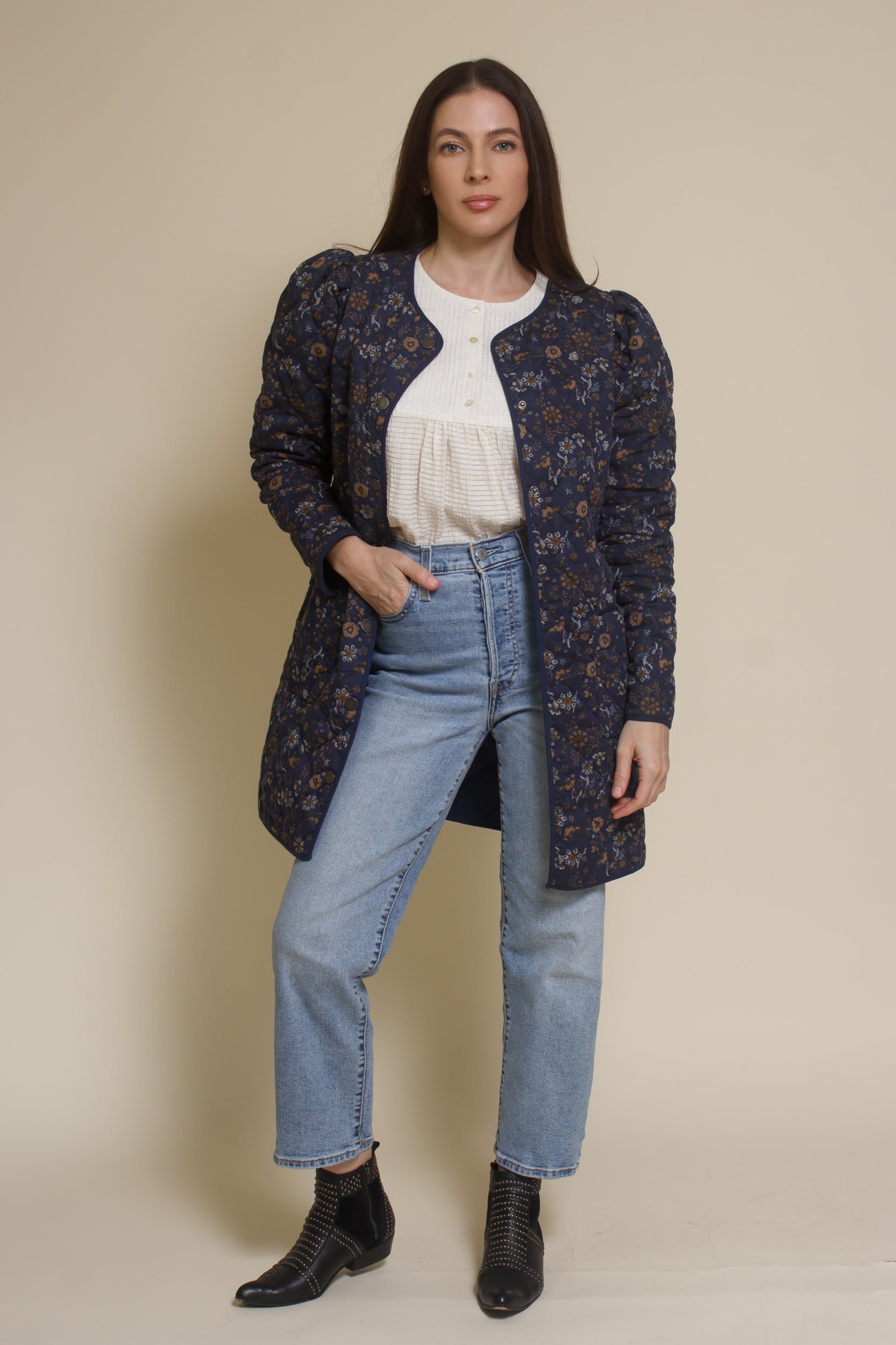 Current Air quilted floral jacket, in navy.