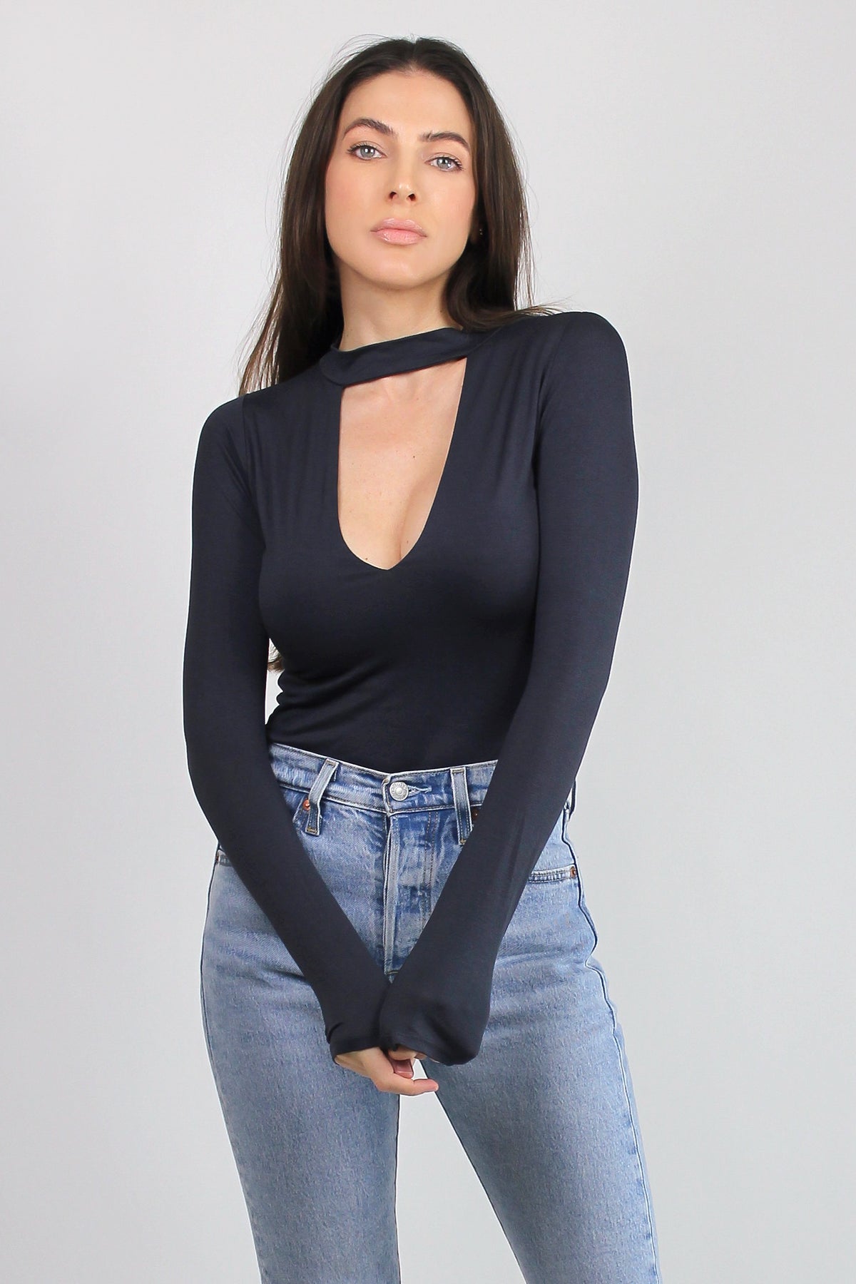 Fitted tee shirt with cut out neckline, in Washed Black. 
