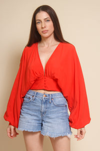 Do+Be balloon sleeve cropped blouse, in tomato red.