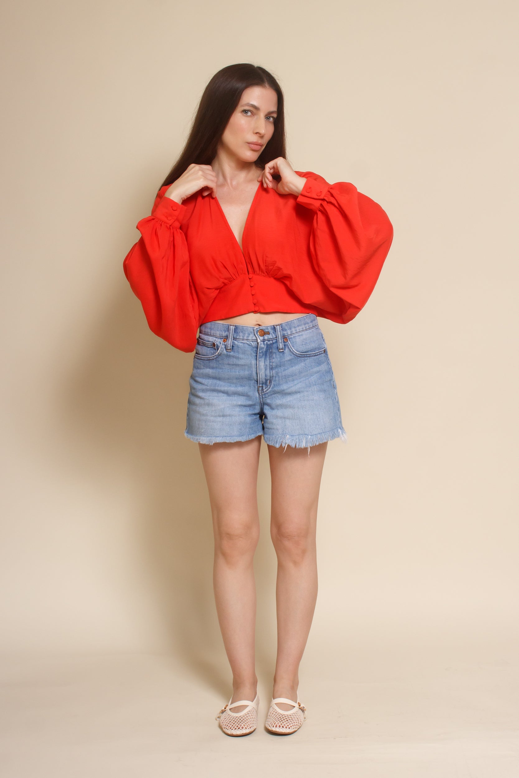 Do+Be balloon sleeve cropped blouse, in tomato red.