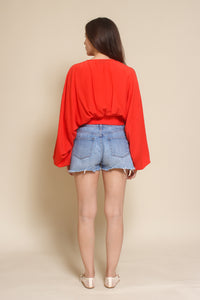 Do+Be balloon sleeve cropped blouse, in tomato red.