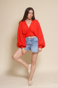 Do+Be balloon sleeve cropped blouse, in tomato red.