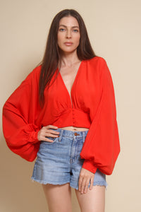 Do+Be balloon sleeve cropped blouse, in tomato red.