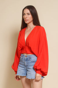 Do+Be balloon sleeve cropped blouse, in tomato red.