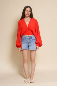 Do+Be balloon sleeve cropped blouse, in tomato red.