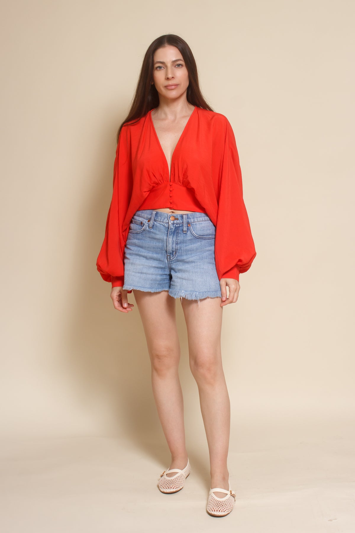 Do+Be balloon sleeve cropped blouse, in tomato red.