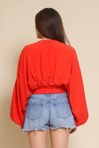 Do+Be balloon sleeve cropped blouse, in tomato red.