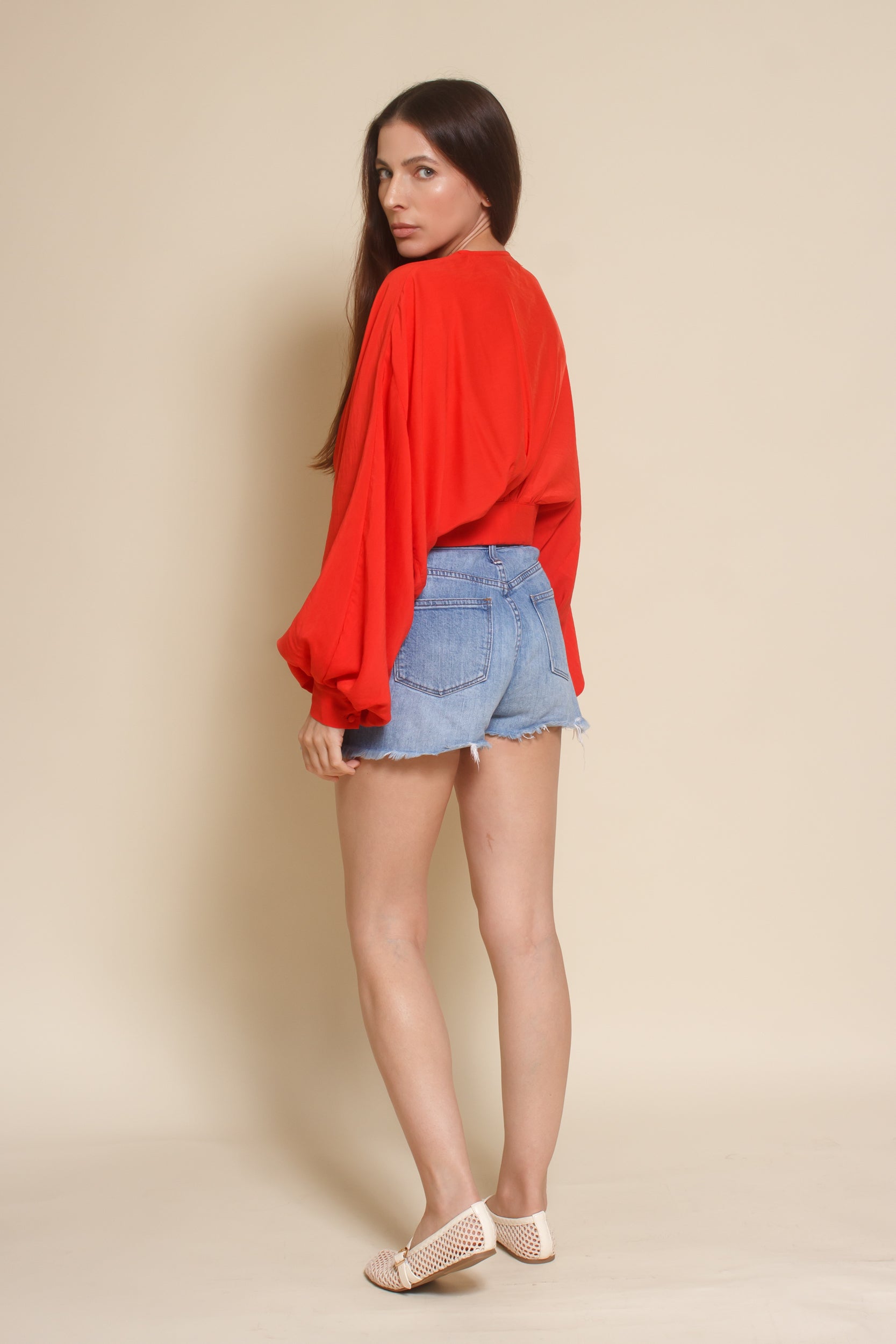 Do+Be balloon sleeve cropped blouse, in tomato red.