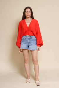 Do+Be balloon sleeve cropped blouse, in tomato red.