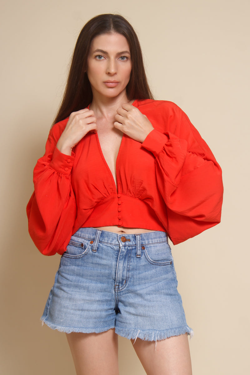 Do+Be balloon sleeve cropped blouse, in tomato red.