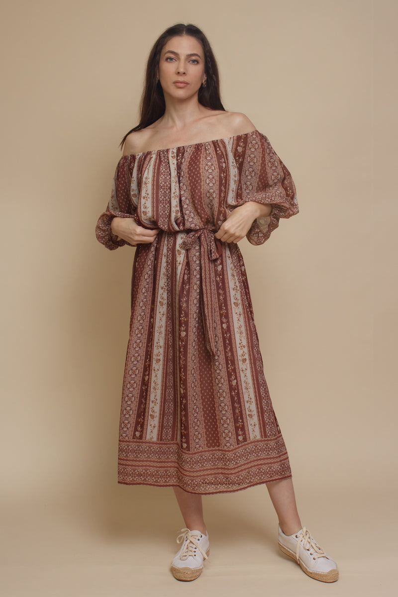 Dress Forum puff sleeve floral midi dress, in Mauve/Multi.