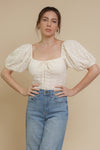 Embroidered eyelet floral, puff sleeve peasant top, in ivory.