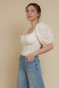 Embroidered eyelet floral, puff sleeve peasant top, in ivory.