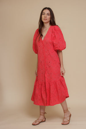 Eyelet embroidered puff sleeve midi dress, in coral.