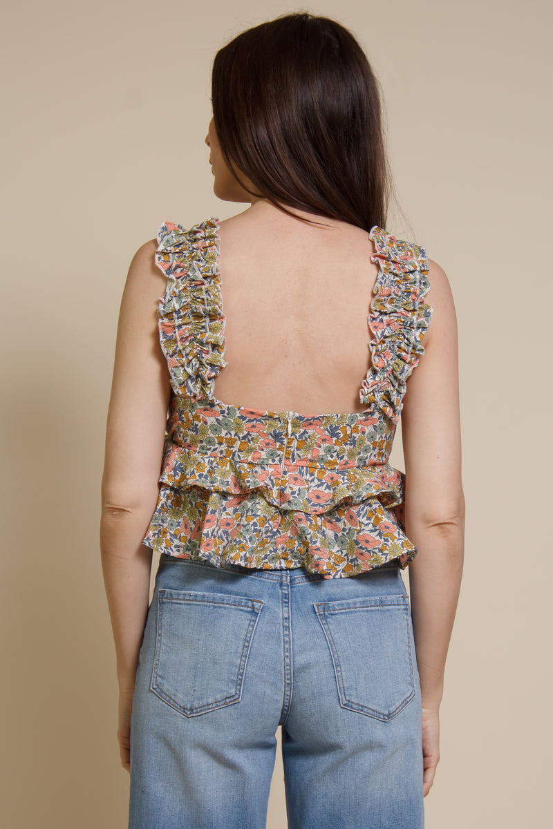 Emory Park floral top with ruffle detail, in sage/coral.