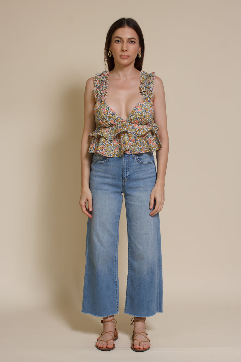 Emory Park floral top with ruffle detail, in sage/coral.