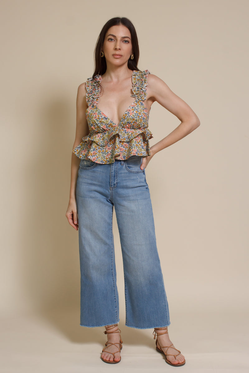 Emory Park floral top with ruffle detail, in sage/coral.