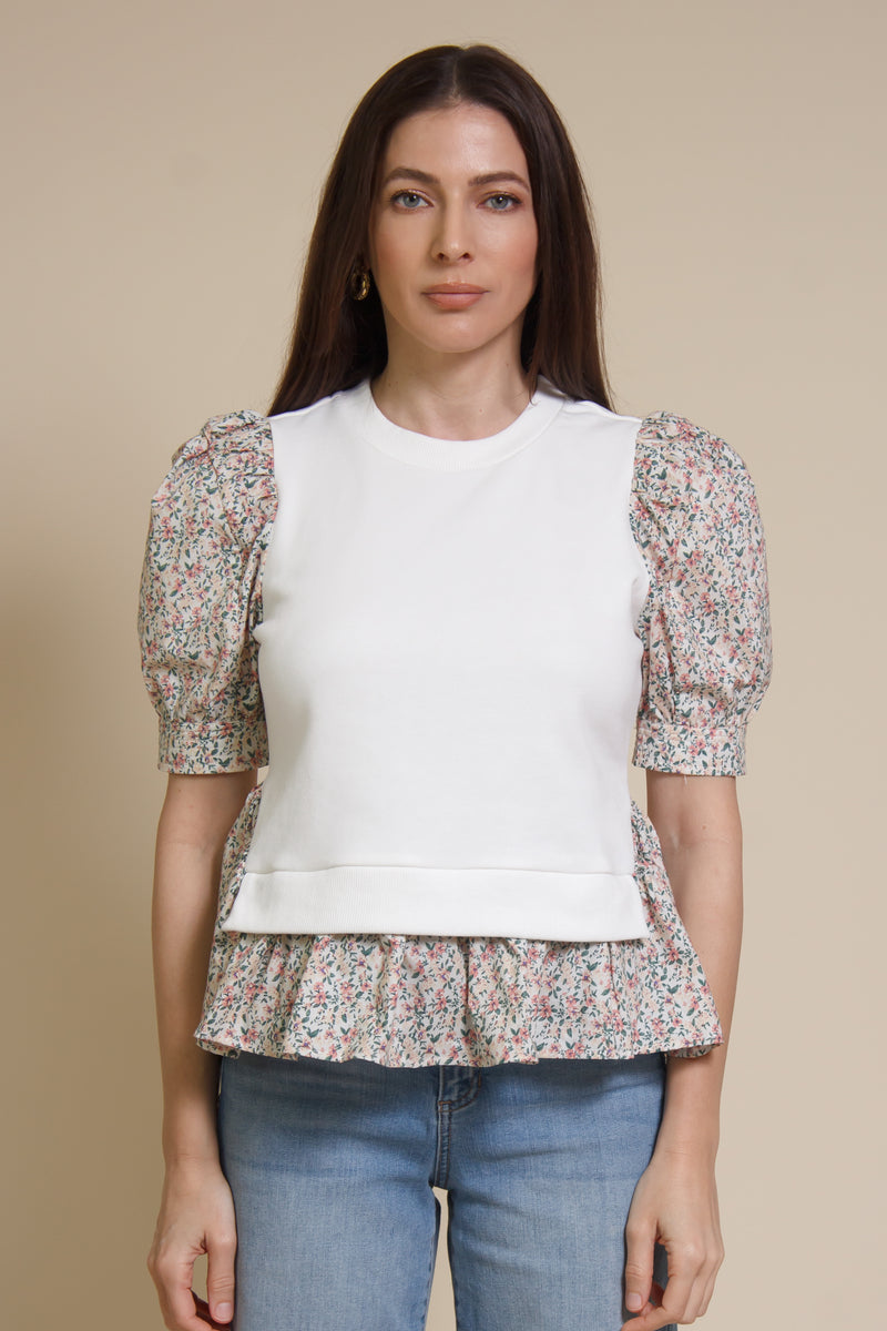 English factory floral contrast blouse, in ivory multi.