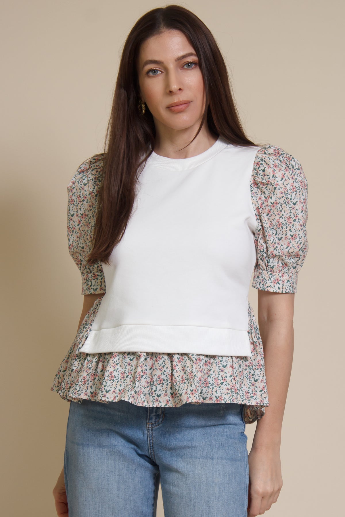 English factory floral contrast blouse, in ivory multi.