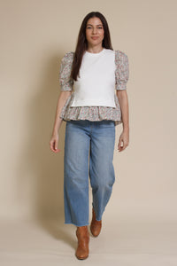 English factory floral contrast blouse, in ivory multi.