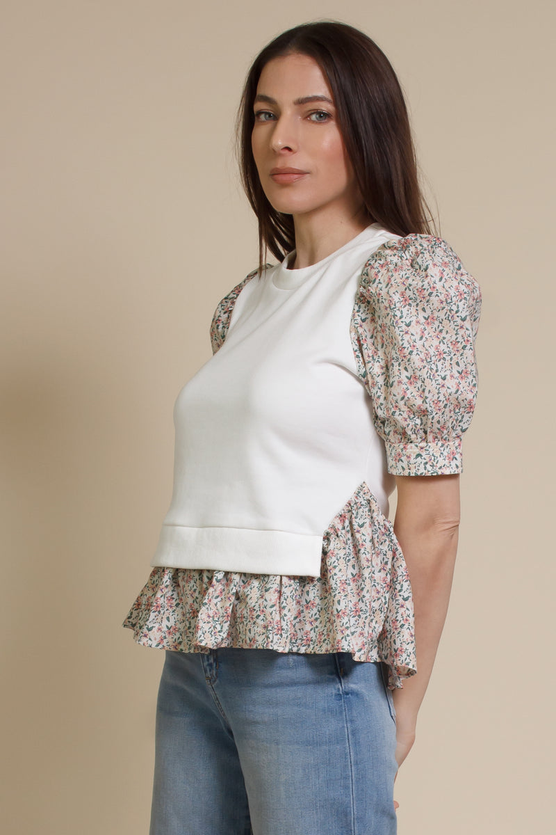 English factory floral contrast blouse, in ivory multi.