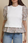 English factory floral contrast blouse, in ivory multi.