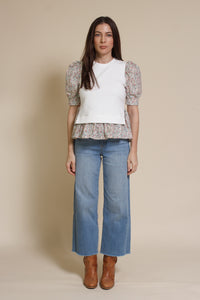 English factory floral contrast blouse, in ivory multi.