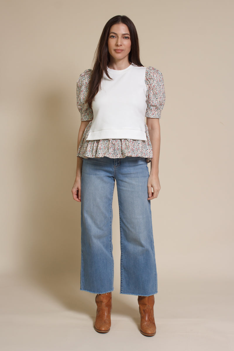 English factory floral contrast blouse, in ivory multi.