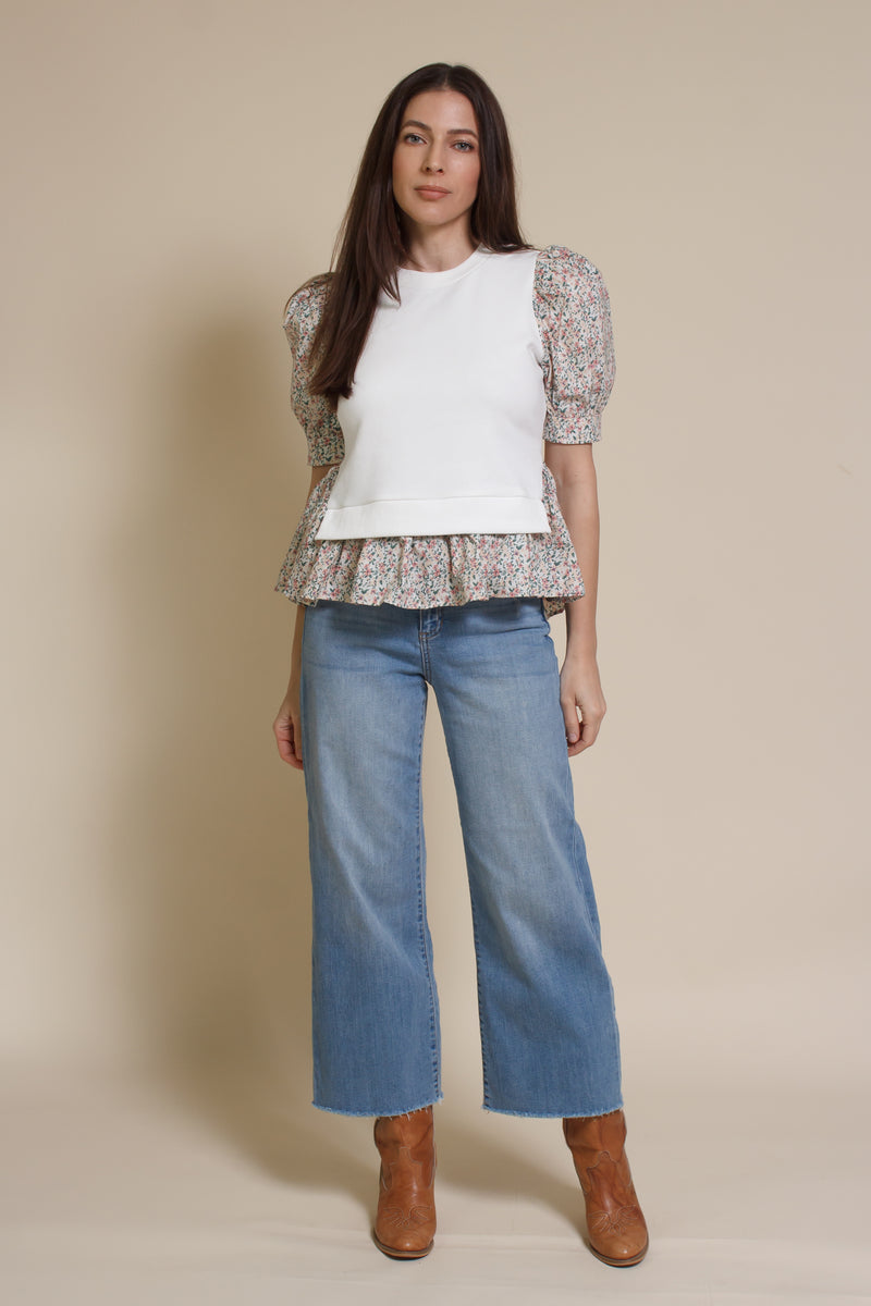 English factory floral contrast blouse, in ivory multi.