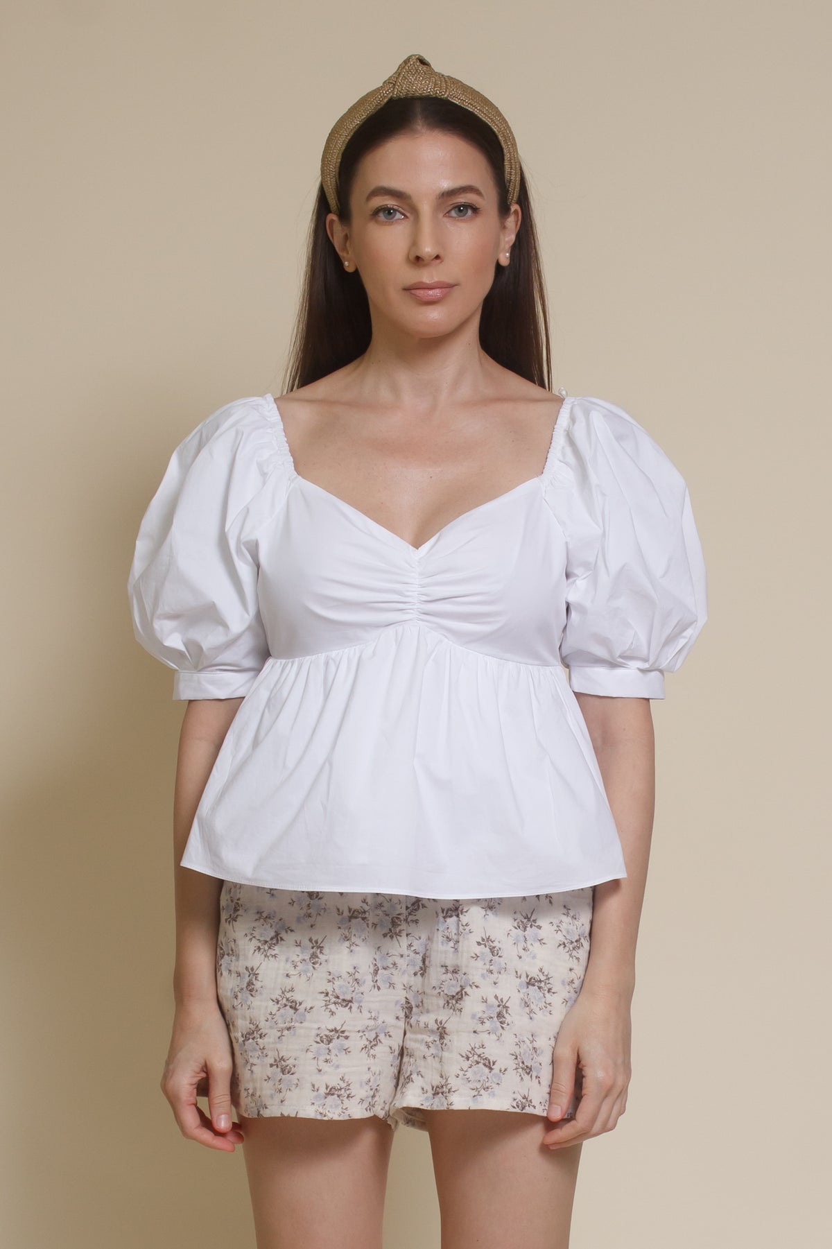 English Factory puff sleeve babydoll style top, in white.