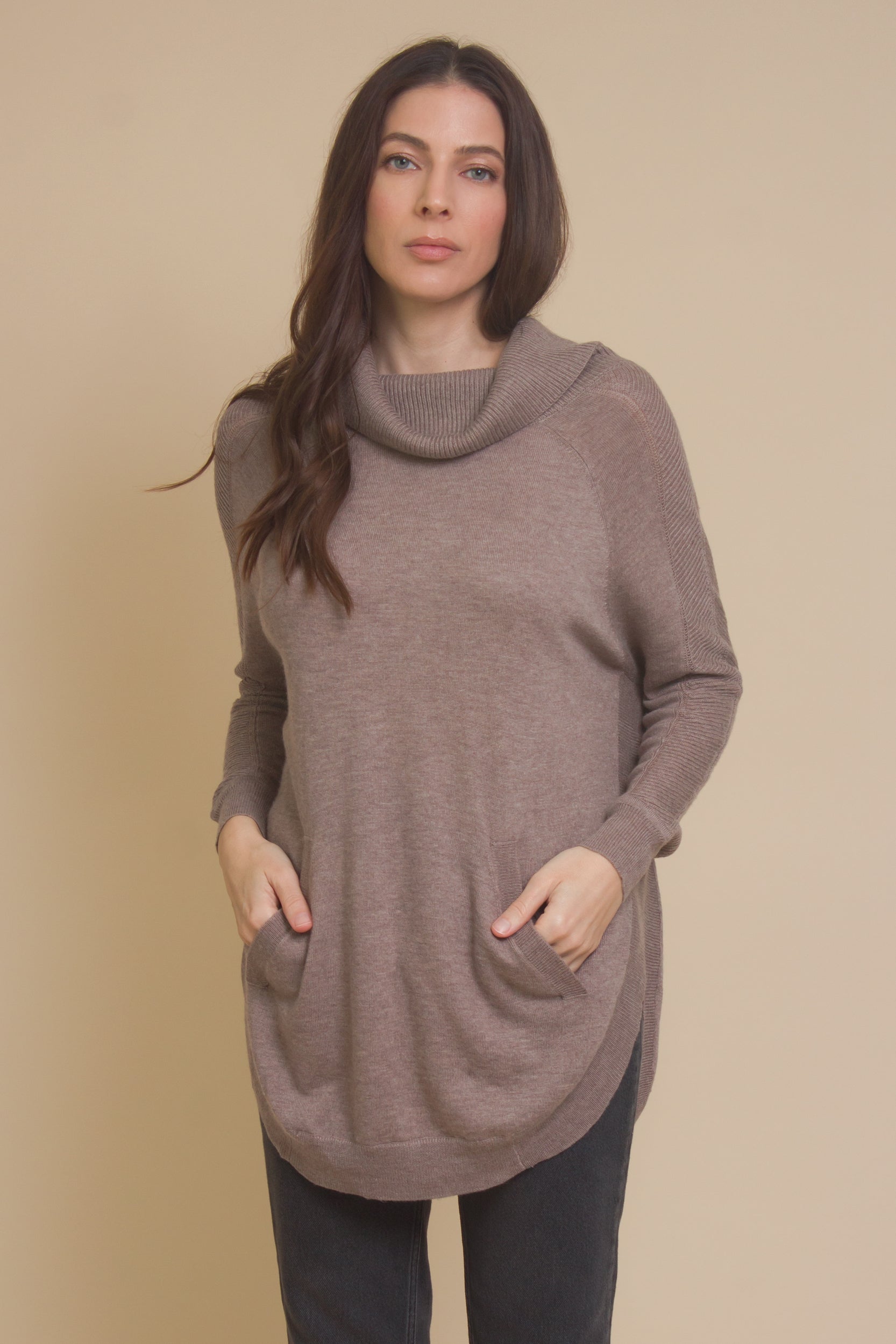 Fate by lfd cowl neck sweater with slant pockets, in mocha.