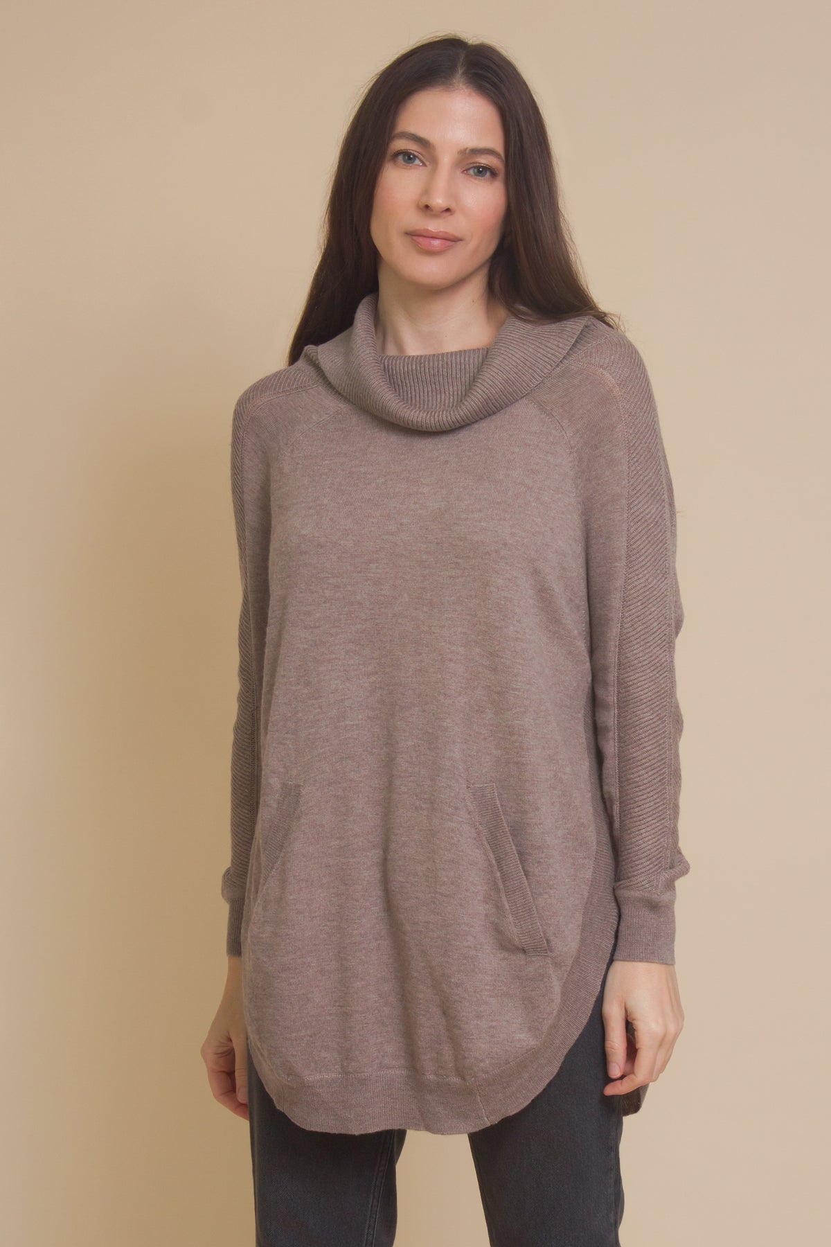 Fate by lfd cowl neck sweater with slant pockets, in mocha.