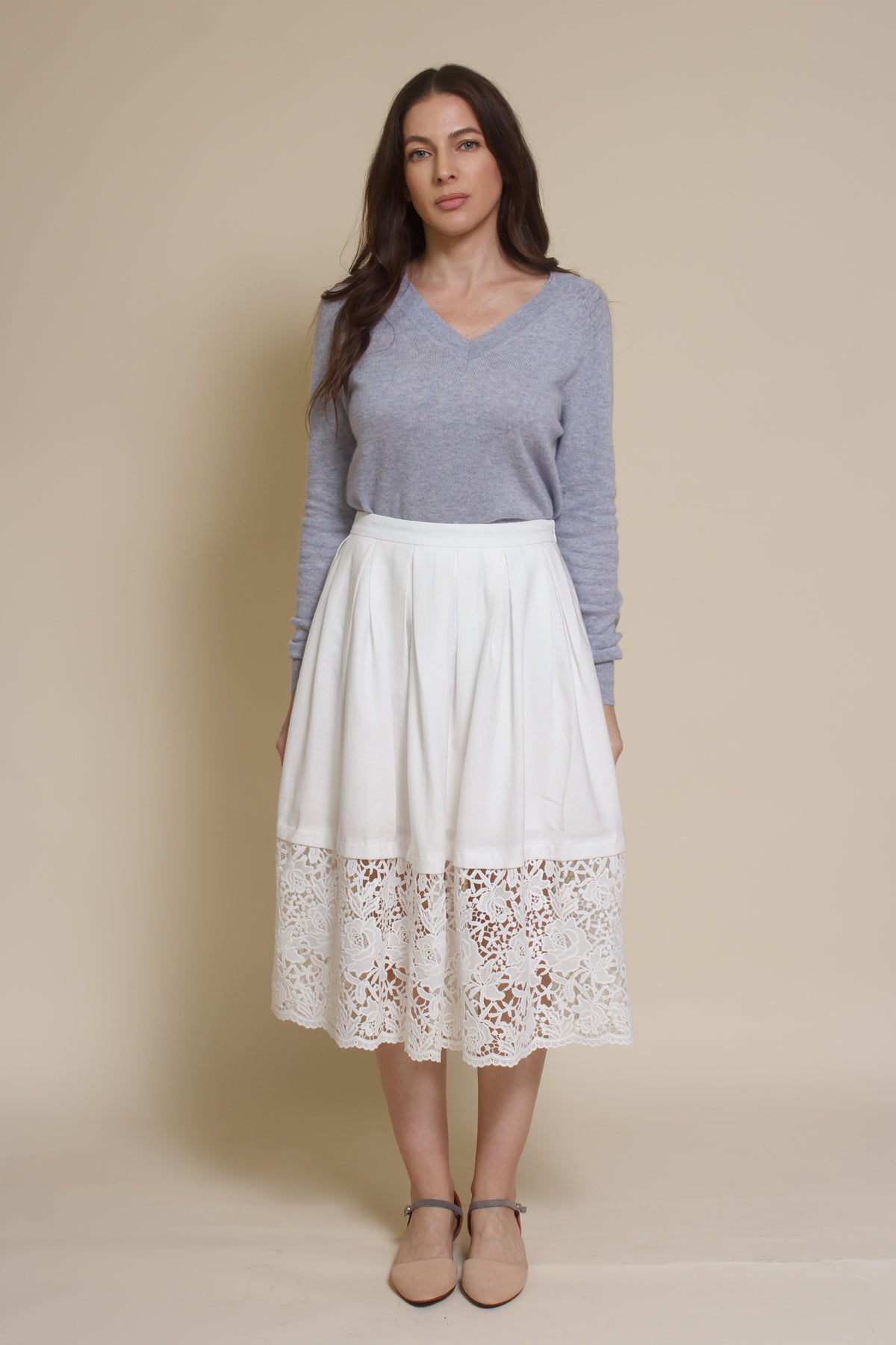 Fate classic v neck sweater with side slits, in heather blue.