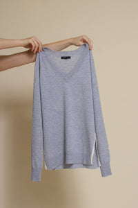 Fate classic v neck sweater with side slits, in heather blue.