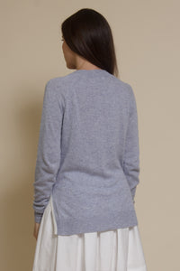 Fate classic v neck sweater with side slits, in heather blue.