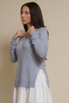 Fate classic v neck sweater with side slits, in heather blue.
