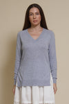 Fate classic v neck sweater with side slits, in heather blue.