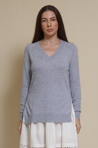 Fate classic v neck sweater with side slits, in heather blue.