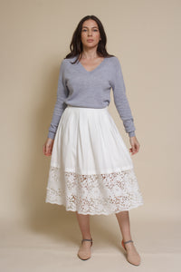 Fate classic v neck sweater with side slits, in heather blue.