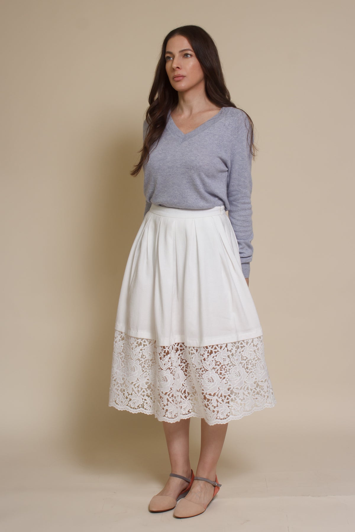 Fate classic v neck sweater with side slits, in heather blue.
