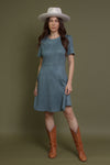 Faux suede mini dress, in denim blue.