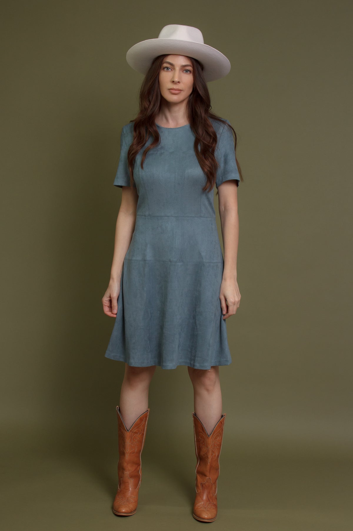 Faux suede mini dress, in denim blue.