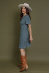 Faux suede mini dress, in denim blue.
