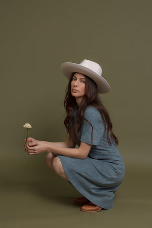 Faux suede mini dress, in denim blue.