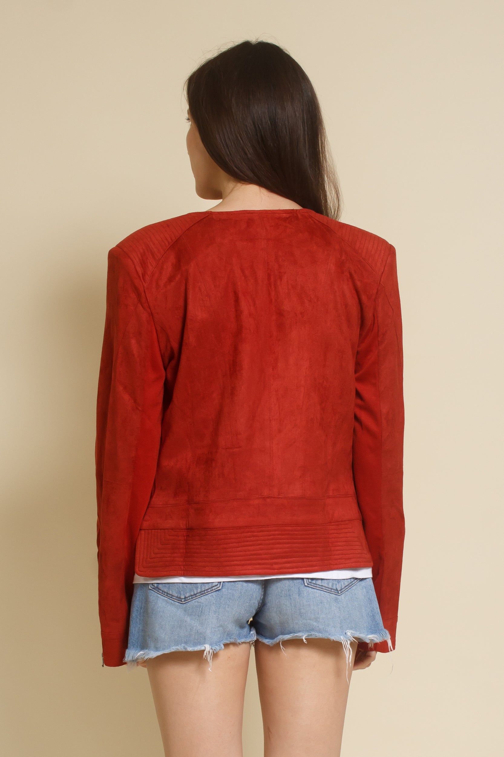 Fate faux suede moto jacket, in rust.