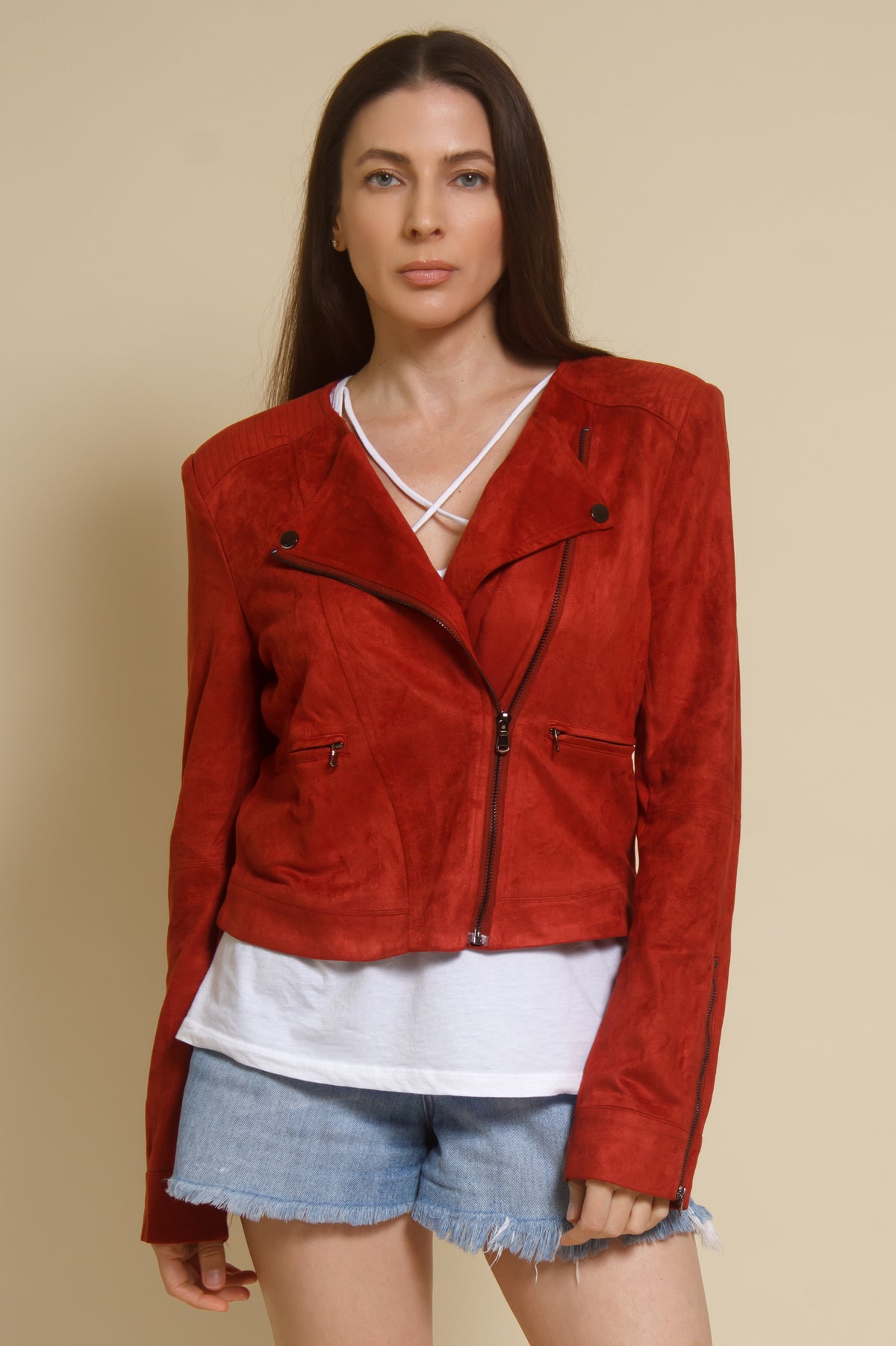 Fate faux suede moto jacket, in rust.